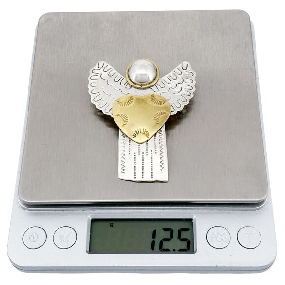 Vintage Sterling Silver 925 Two Tone Angel Heart Etched Wings Pin Brooch - Picture 6 of 7